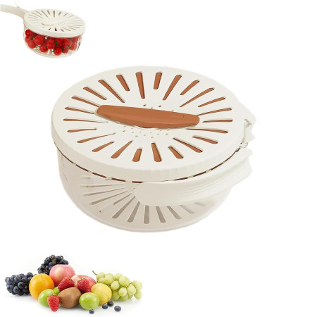 Strecuratoare 2 in 1 pentru Fructe si Legume, Cyrax, Cos de Scurgere si Cutie de Depozitare, 15.5 x 8.3 cm, din PP, cu Maner si Capac, Maro