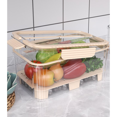 Cutie pentru Depozitare Alimente, Cyrax, de Uz Casnic, 2 Compartimente, Zona pentru Gheata, Mentinere Fresh, cu Maner, Material PET, 23x15x10.8 cm, Bej