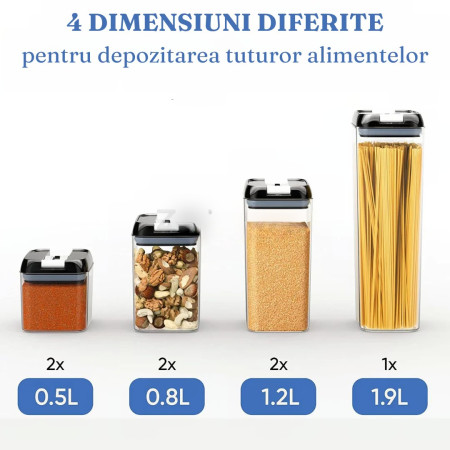 Set 7 Recipiente Organizare Alimente, Cyrax, Inchidere Etansa, Etichete Reutilizabile, Cupe Masurare, 4 Dimensiuni Diferite, din Plastic Dur, Transparent