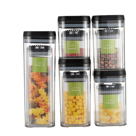 Cutii de Depozitare Alimente, Cyrax, Set din 10 Cutii de tip Container, Recipiente pentru Cereale in Bucatarie,  Transparente cu Capac Negru