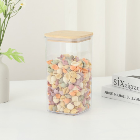 Cutie de Depozitare Alimente, Cyrax, Cutie de tip Container, Cutie pentru Cereale, din Plastic, Capac din Bambuc, 10 x 10 x 19 cm, Volum 1.2l, Transparent