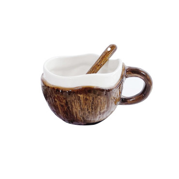 Cana din Ceramica, Cyrax, 201-300 ml, cu Lingurita, Model Nuca de Cocos, Maro