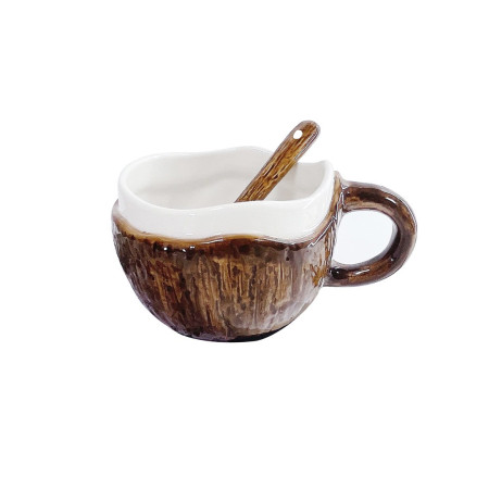 Cana din Ceramica, Cyrax, 201-300 ml, cu Lingurita, Model Nuca de Cocos, Maro
