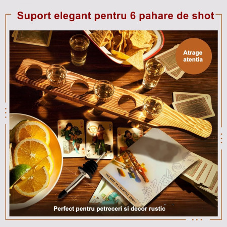 Set 6 Pahare Shot din Sticla Cyrax, cu Suport din Lemn, Design Rustic, 49.5 x 7 x 6.5 cm, Maro