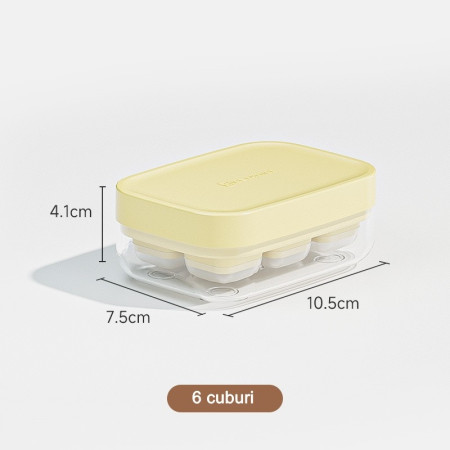 Forma pentru gheata cu presa Cyrax, din silicon alimentar, 6 cuburi, caserola pentru depozitare, usor de folosit si curatat, 10.5 x 7.5 x 4.1 cm, galben