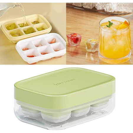 Forma pentru gheata cu presa Cyrax, din silicon alimentar, 6 cuburi, caserola pentru depozitare, usor de folosit si curatat, 10.5 x 7.5 x 4.1 cm, verde
