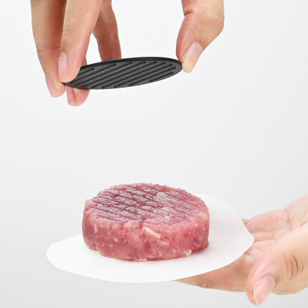 Cyrax Presa dubla pentru hamburgeri 2 in 1, forma si presa, doua dimensiuni, cu maner, usor de curatat si folosit, material ABS, 100 de foi hartie de copt incluse, 13x13.5x7 cm, fara lipire, neagra
