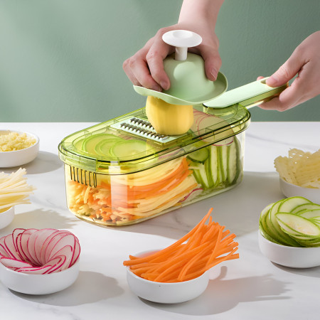 Feliator Multifunctional, Cyrax, 3 in 1, pentru Fructe si Legume, 6 Piese, Maner, Lame de Inox, Recipient Stocare, Protectie Mana, ABS, 35x12x9.4 cm, Verde