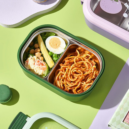 Caserola Container pentru Pranz, Cyrax, Caserola LUNCH BOX pentru Studenti, din Plastic PP, pentru Scoala, Compartiment Metalic in Interior, 22.5 x 14.5 x 8 cm, Verde