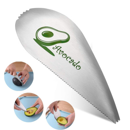 Taietor special pentru avocado Cyrax, 3 in 1, forma curbata, zimti pentru apucare si taiere, din otel inoxidabil, 15 x 6 cm, gri