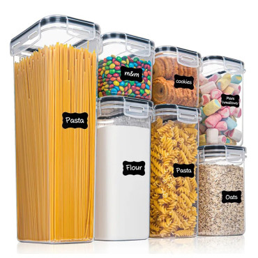 Cutii de depozitare alimente, Cyrax, Set din 7 Cutii pentru Condimente, Cereale, Cutii pentru Bucatarie, din Plastic PP, Cutii Alimentare, Diferite Dimensiuni, Transparente