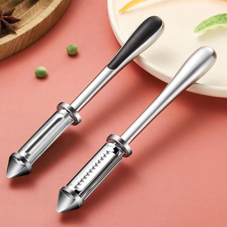 Peeler 2in1 pentru Legume si Fructe, Cyrax, Multifunctional, cu 2 Lame de Curatati si Feliat, Varf Ascutit pentru Gaurit, 18 cm, din Otel Inoxidabil, Argintiu/Negru