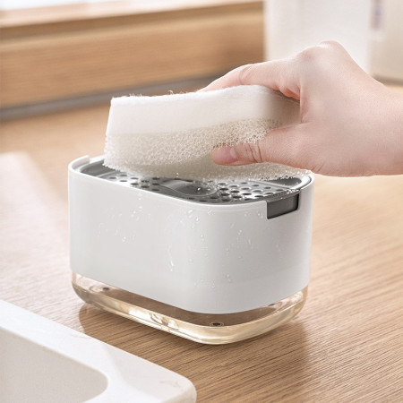 Dozator Cyrax, Dispenser 2 in 1 pentru Detergent Lichid de Vase sau pentru Obiecte Sanitare cu Suport pentru Burete de Bucatarie , 8.6 x 14.5 x 10 cm, capacitate 300 ml, alb