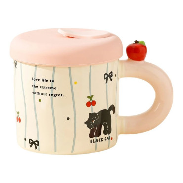 Cana din Ceramica cu Capac si Pai, Cyrax, Capacul si Paiul din Silicon Roz, 9x8.5 cm, Model Cute A, Capacitate 380ml