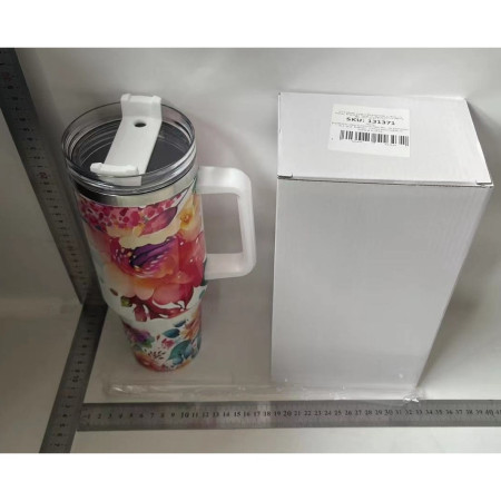 Cana Termos din Plastic, Cyrax, pentru Bauturi Calde si Reci, cu Maner, Imprimeu Floral, cu Mesaj pentru Mama, Alb, 10x7.6x27.5 cm