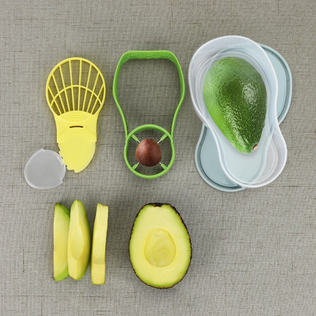 Recipient de Depozitare Avocado 5in1, Cyrax, Etans, pentru Frigider, din Plastic, Dispozitiv de Taiat, Curatat, Feliat, 14x4x7 cm, Verde
