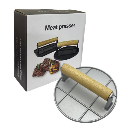 Presa Manuala pentru Carne, Cyrax, din Aliaj de Aluminiu, Maner din Lemn, Presa pentru Burgeri, Usor de Curatat si Folosit, Rotunda, 16x16x6 cm, Gri