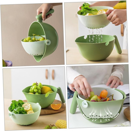 Bol cu Doua Straturi, Cyrax, pentru Fructe, Legume, cu Cos de Scurgere a Apei, 2L, din ABS+PP, 29.9 x 22.5 x 11.8 cm, Verde-Alb