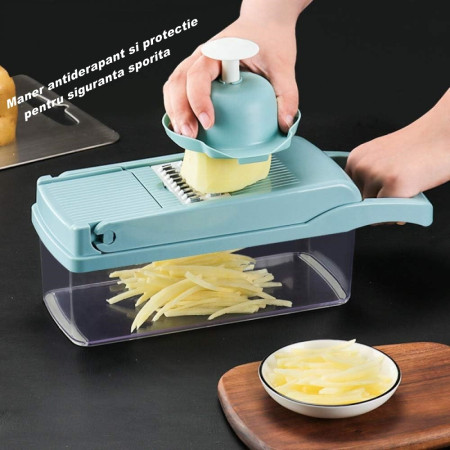 Feliator Multifunctional, Cyrax, Razatoare, 8 in 1, pentru Fructe si Legume, 10 Piese, Lame de Inox, Recipient Stocare, Separator Oua, Protectie Mana, ABS, 32.2x11.3 cm, Albastru/Alb