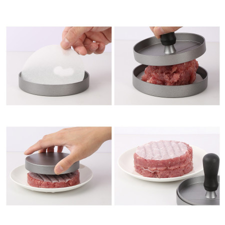 Presa manuala pentru burgeri Cyrax, material ABS si aluminiu, forma si presa, usor de curatat si folosit, 11.7 x 8.5 cm, gri