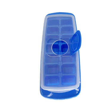 Forma pentru cuburi de gheata Cyrax, 14 cuburi, reutilizabil, plastic alimentar, cu capac, orificiu umplere, dreptunghiulara, 29.5 x 12.5 x4 cm, albastru