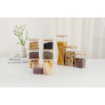 Cutii de Depozitare Alimente, Cyrax, Set din 5 Cutii de tip Container, Cutii pentru Cereale, din Plastic, Capac din Bambuc, 1pc 0.5 l. 2pc 0.8 l, 2pc 1.2 l, 1pc 1.9 l,  Transparente
