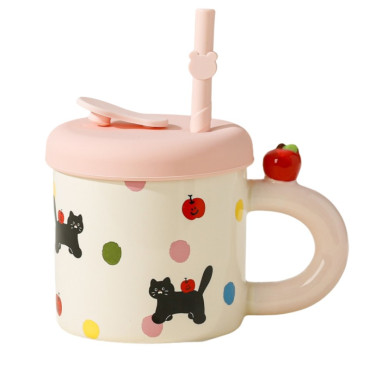 Cana din Ceramica cu Capac si Pai, Cyrax, Capacul si Paiul din Silicon Roz, 9x8.5 cm, Model Cute B, Capacitate 380ml