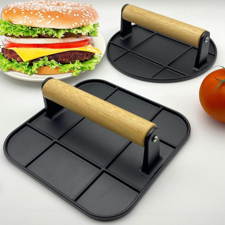 Presa Manuala pentru Carne, Cyrax, din Aliaj de Aluminiu, Maner din Lemn, Presa pentru Burgeri, Usor de Curatat si Folosit, Rotunda, 16x16x6 cm, Neagra