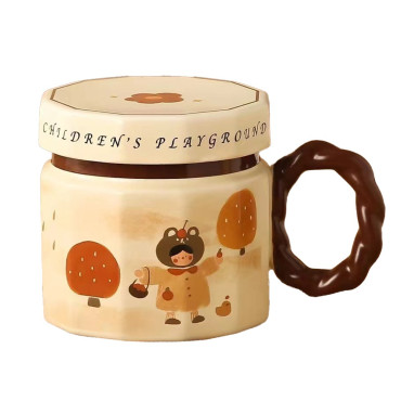 Cana din ceramica, Cyrax, Cana pentru Cafea, Ceai, Cana Universala, Unisex, Cana cu Capac, 9 x 8 x 8 cm, 400 ml, Model Fetita, Bej