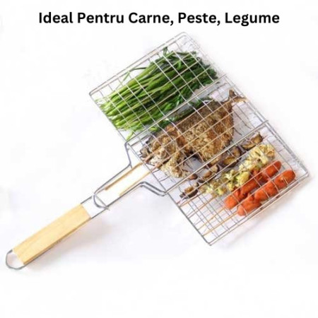 Gratar pentru Peste si Carne, Cyrax, Suprafata Utila 32x19 cm, Otel Inoxidabil, cu Maner, Portabil, Argintiu