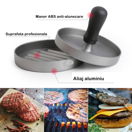 Presa manuala pentru burgeri Cyrax, material ABS si aluminiu, forma si presa, usor de curatat si folosit, 11.7 x 8.5 cm, gri