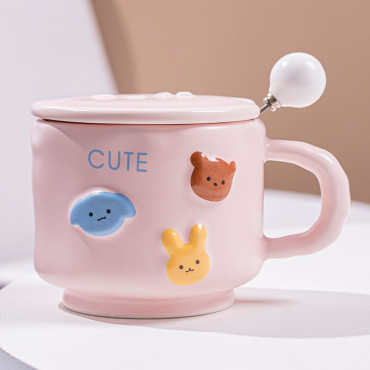 Cana ceramica, Cyrax, din Portelan, print Figurine Animalute, Cana penru Copii, Model CUTE, Cana cu Lingura si Capac, Ceasca pentru Cafea, Ceai, 400ml Roz