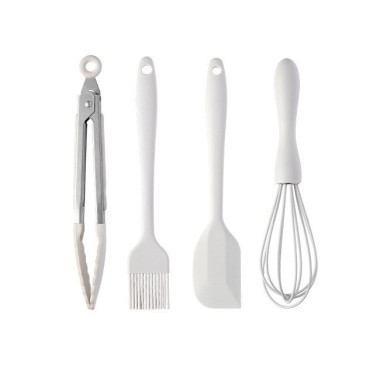 Set 4 Ustensile de Bucatarie, Cyrax, din Silicon+Inox, Termorezistente, Antiaderente, 20 x 15 x 4 cm, Alb Ivory