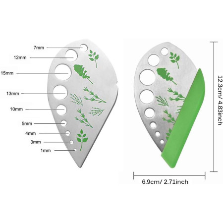 Tocator manual pentru ierburi Cyrax, instrument de curatat frunze, margini ascutie, 9 gauri de diferite dimensiuni, multifunctional, material otel inoxidabil, maner ergonomic, rezistent la rugina, 12.3 x 6.9 cm, argintiu
