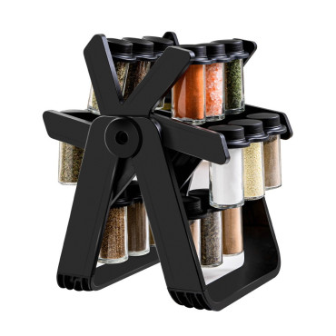 Suport Pentru Condimente Rotativ, Cyrax, Multifunctional, Pivotant 360°, Portabil, Usor de Montat, 34x23 cm, ABS/Sticla, Negru