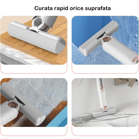 Mop de mana Cyrax, mini-portabil, cu sistem de stoarcere, dispozitiv de curatat manual, cu burete absorbant, material PVA, multisuprafete si geamuri, 29.5 x 15.5 cm, alb
