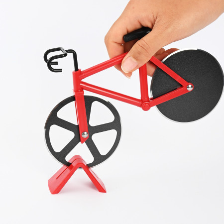 Cutit pizza creativ Cyrax, in forma de bicicleta, cu suport pentru cutit, 19 x 12.5 cm, otel/PP, negru