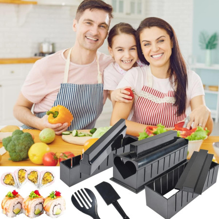 Set ustensile pentru facut sushi Cyrax, 10 piese, forma inima inclus, 3 forme clasice, extensibil, finisaj lucios, material ABS, curatare usoara, negru