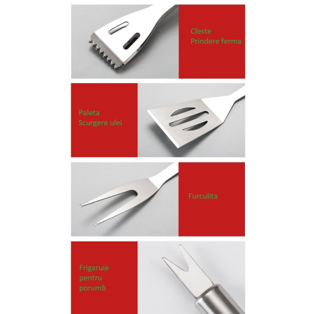 Set 18 Ustensile pentru Gratar, Cyrax, din Otel Inoxidabil, Geanta Oxford, Argintiu
