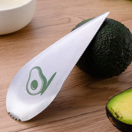 Taietor special pentru avocado Cyrax, 3 in 1, forma curbata, zimti pentru apucare si taiere, din otel inoxidabil, 15 x 6 cm, gri