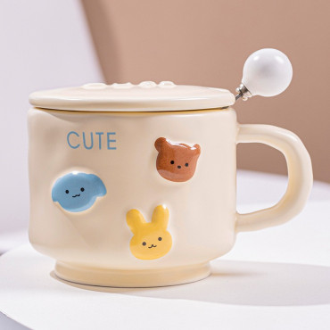 Cana ceramica, Cyrax, din Portelan, print Figurine Animalute, Cana penru Copii, Model CUTE, Cana cu Lingura si Capac, Ceasca pentru Cafea, Ceai, 400ml Galben