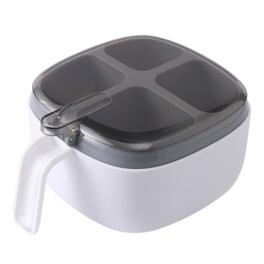 Recipient pentru condimente Cyrax, 4 casute, potrivit pentru sare, cimbru, piper, condimente, 4 lingurite din plastic, capac din plastic, maner, 14x14x8 cm, alb