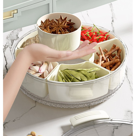 Cutie de Depozitare pentru Alimente, Cyrax, cu 6 Compartimente, pentru Condimente, Fructe, Legume, cu Manere de Prindere, Rotativa 360 de Grade, Inchidere Ermetica, 32x10 cm, Alba