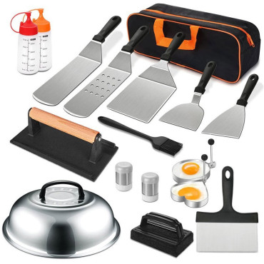 Ustensile pentru Gratar, Cyrax, Set din 17 Ustensile pentru Gratar cu Preparare de tip Plita, Ustensile din Otel Inoxidabil cu Manere din Plastic PP, cu Geanta, Negru