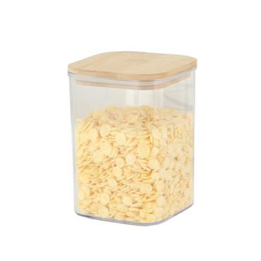 Cutie de Depozitare Alimente, Cyrax, Cutie de tip Container, Cutie pentru Cereale, din Plastic, Capac din Bambuc, 10 x 10 x 14 cm, Volum 0.8 L, Transparent