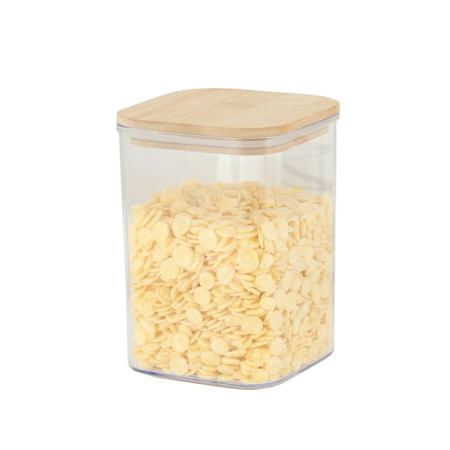 Cutie de Depozitare Alimente, Cyrax, Cutie de tip Container, Cutie pentru Cereale, din Plastic, Capac din Bambuc, 10 x 10 x 14 cm, Volum 0.8 L, Transparent