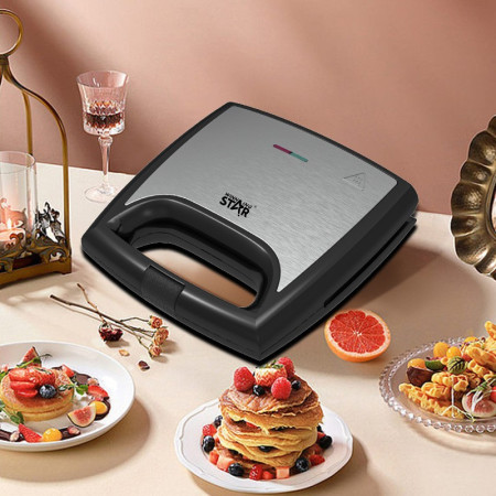 Sandwich Maker Cyrax, 24 x 23.5 cm, cu forme de triunghi si patrat, Cablu 80 cm, Material Interior Antiaderent, Inoxidabil, Maner Izolat Termic, 750W, 220 V, gri