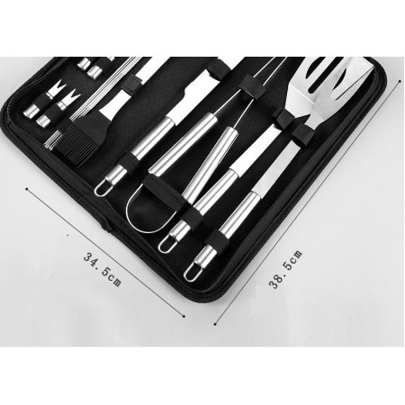 Set 18 Ustensile pentru Gratar, Cyrax, din Otel Inoxidabil, Geanta Oxford, Argintiu