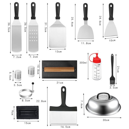 Ustensile pentru Gratar, Cyrax, Set din 17 Ustensile pentru Gratar cu Preparare de tip Plita, Ustensile din Otel Inoxidabil cu Manere din Plastic PP, cu Geanta, Negru