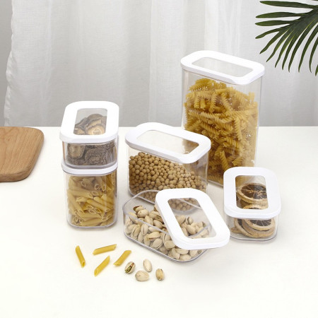 Set 5 Cutii de Depozitare Alimente, Cyrax, Capac Alb, din ABS+Silicon, 23 x 15 x 27 cm, Transparent